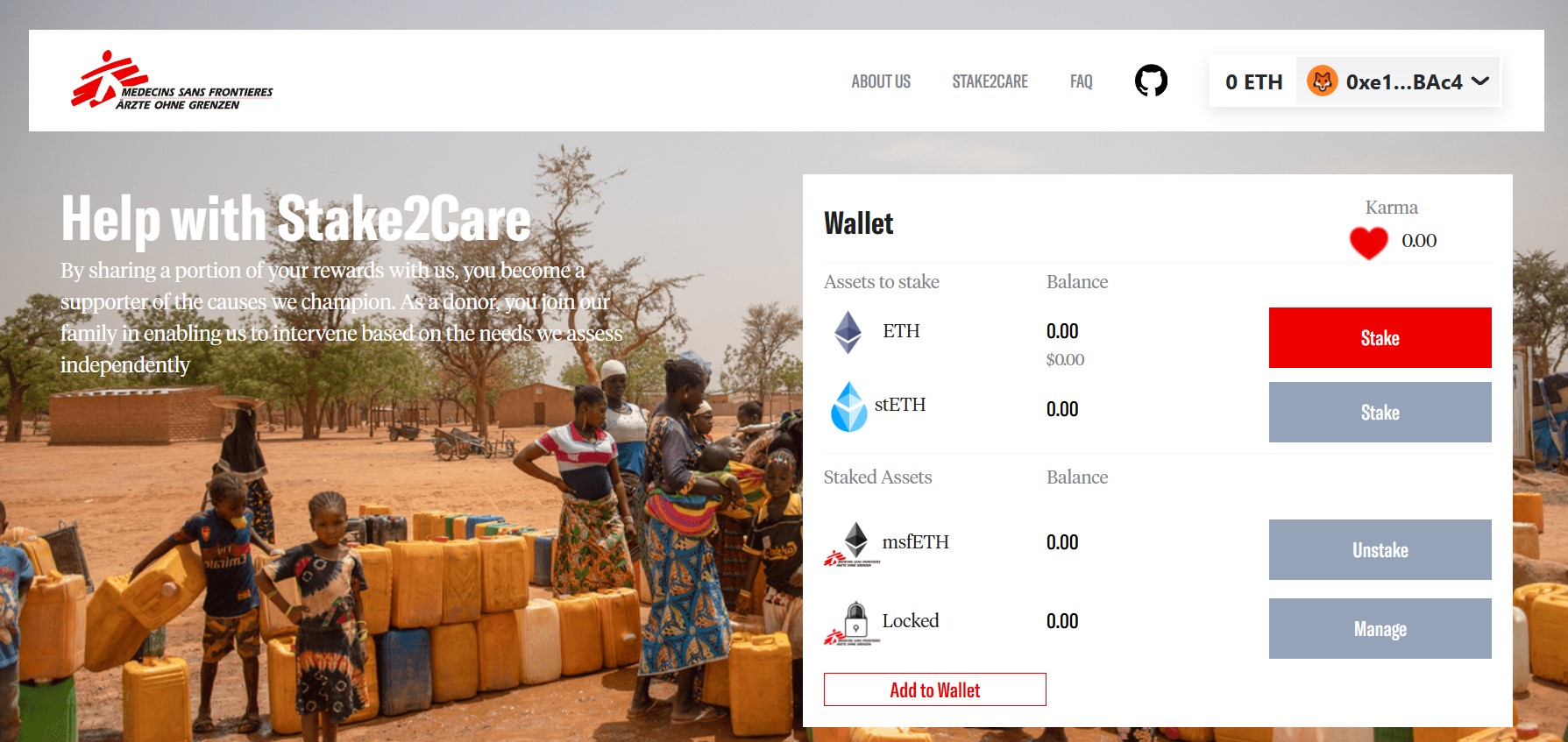 Page dédiée au staking sur le site Web Stake2Care de MSF