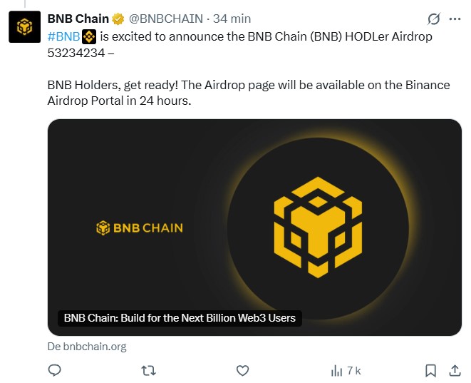 Tweet frauduleux sur le compte X hacké de la BNB Chain