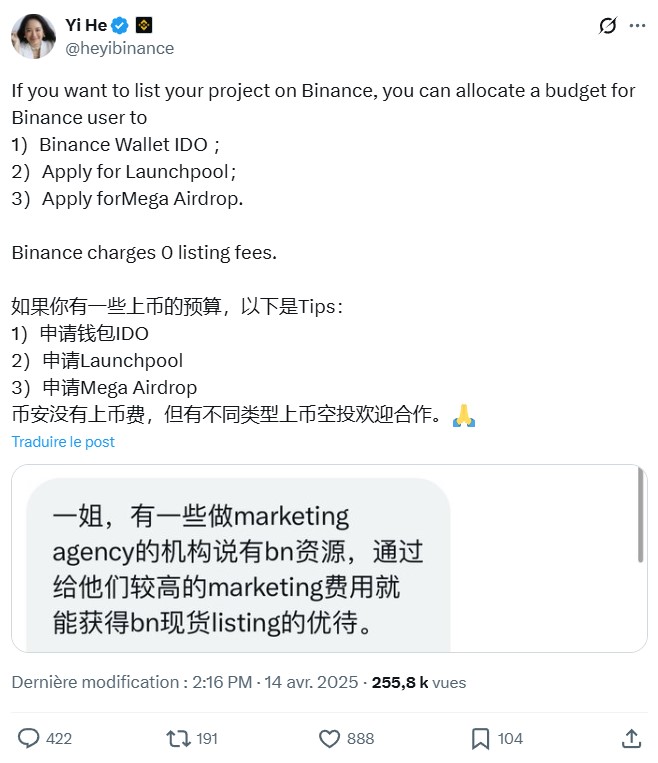 Tweet de Yi He concernant le listing sur Binance