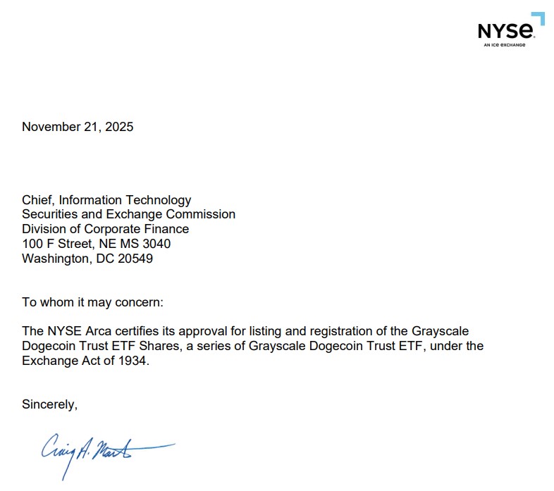 Lettre du NYSE Arca concernant l'ETF Grayscale Dogecoin Trust Lettre du NYSE Arca concernant l'ETF Grayscale Dogecoin Trust