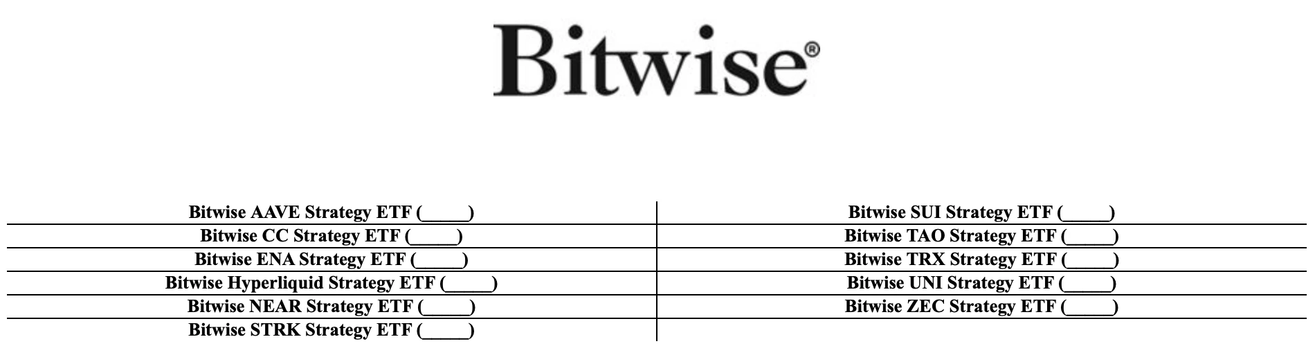 Liste des 11 demandes d'ETF crypto déposées par Bitwise