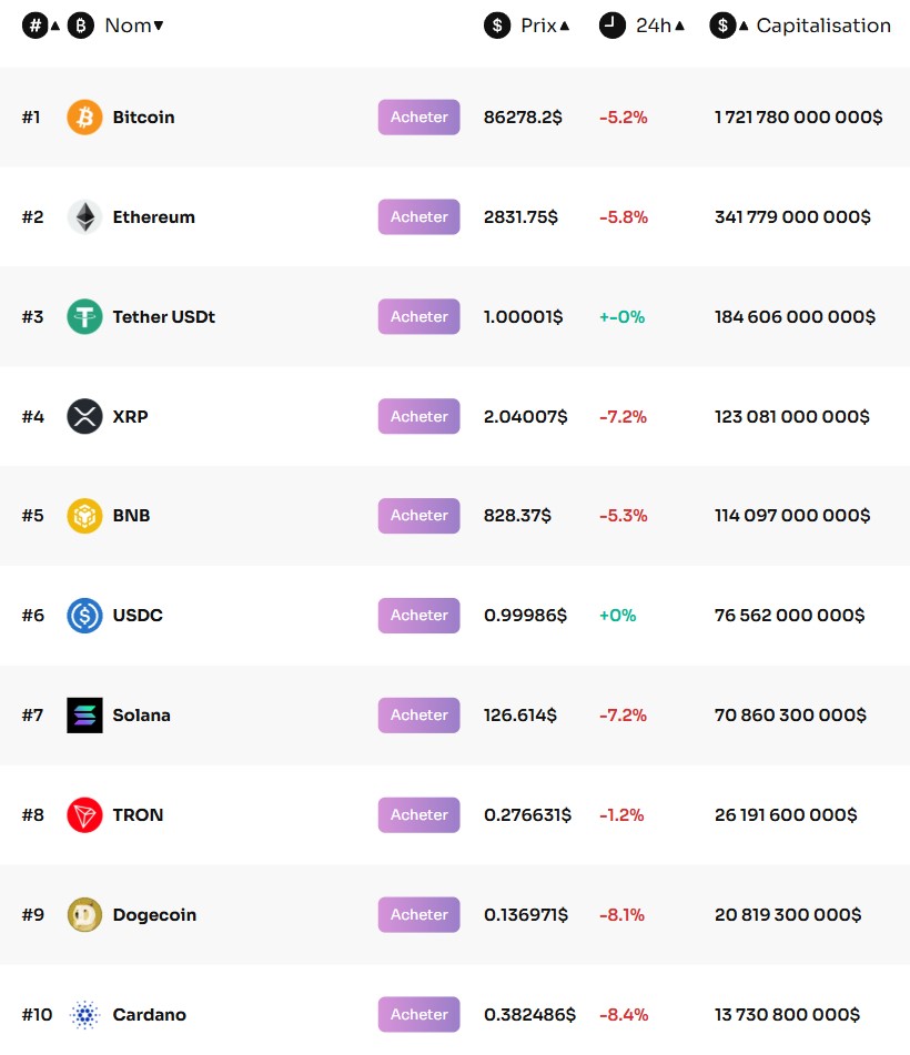 Aperçu du top 10 des cryptomonnaies