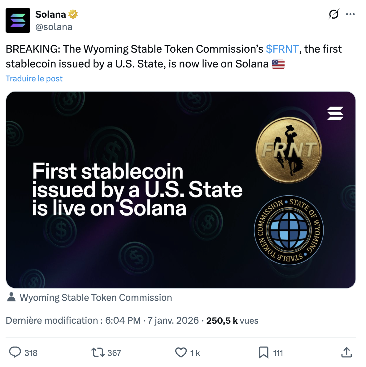Tweet de Solana annonçant l'arrivée du FRNT