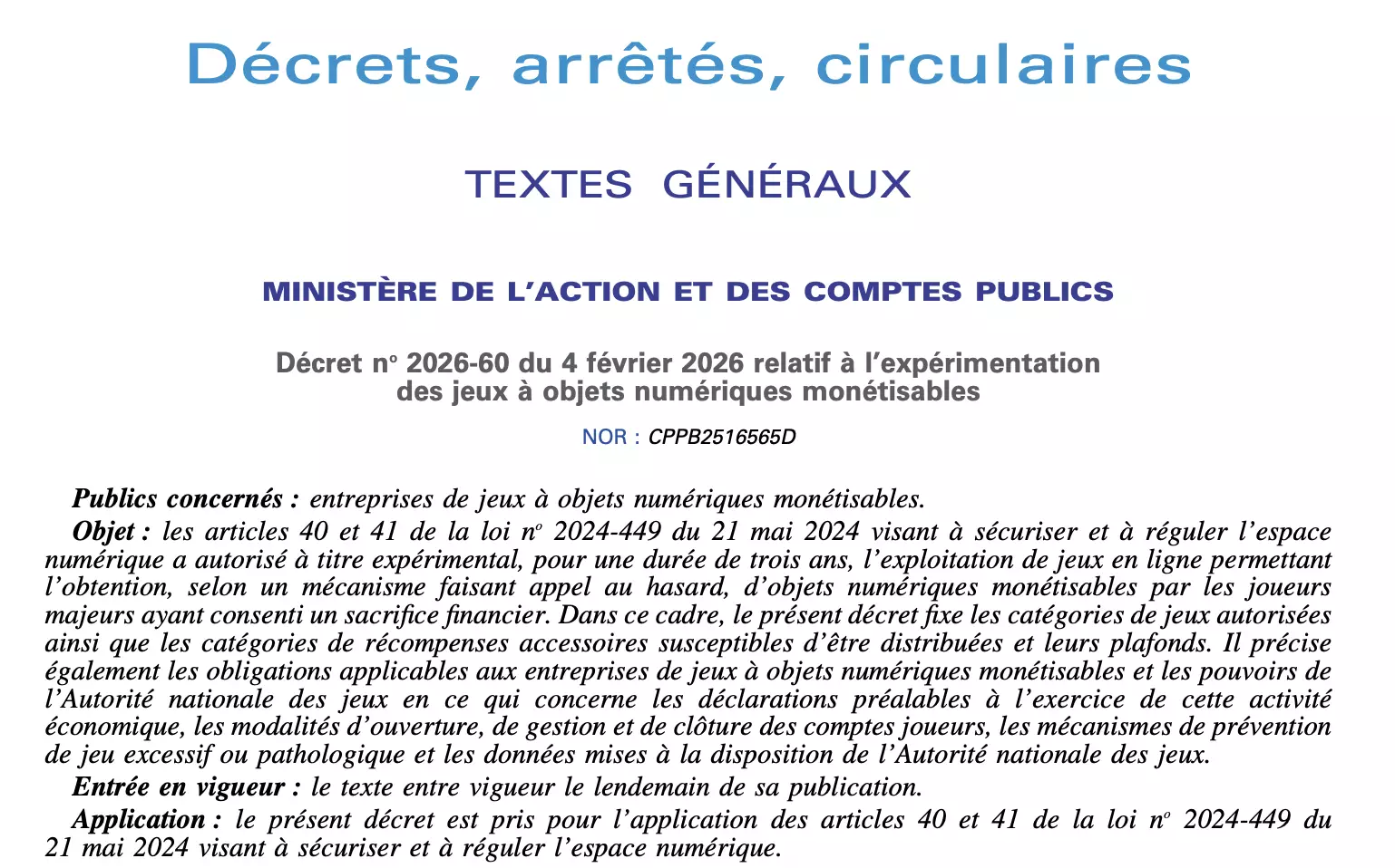 Extrait du Journal officiel : expérimentation des jeux à objets numériques monétisables