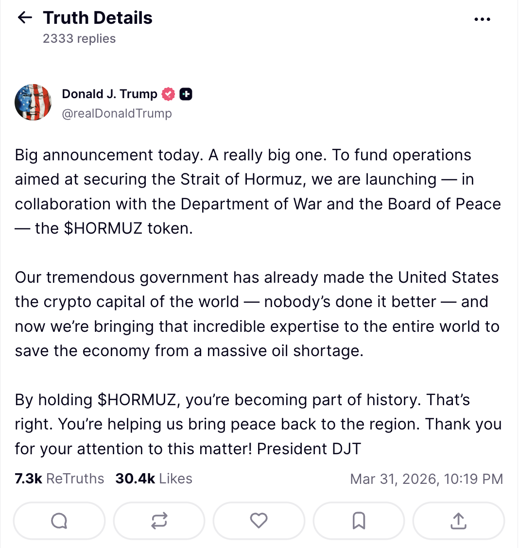 Annonce de Donald Trump sur Truth Social