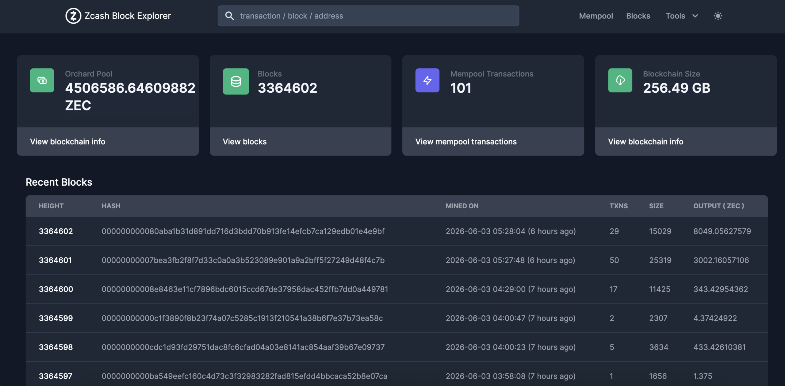 Zcash Explorer laissant croire le réseau à l'arrêt