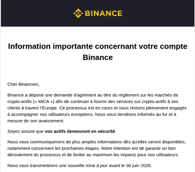 Courrier Binance adressé utilisateurs européens