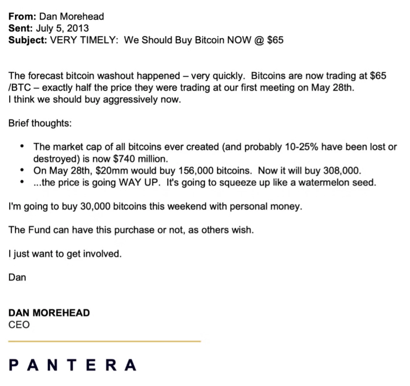 Memo de Dan Morehead au sujet de son intention d'acheter du Bitcoin